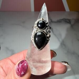 Double Stone Black Onyx Celestial Ring: 925 Sterling Silver • Size 7
